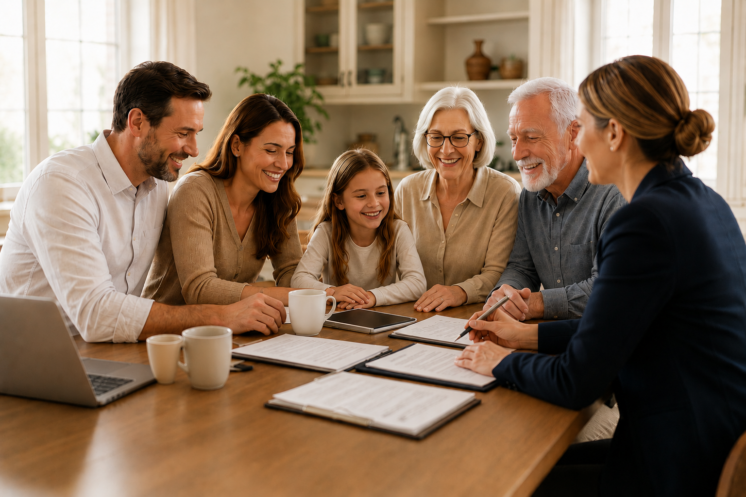 A family in conversation with their attorney at the kitchen table